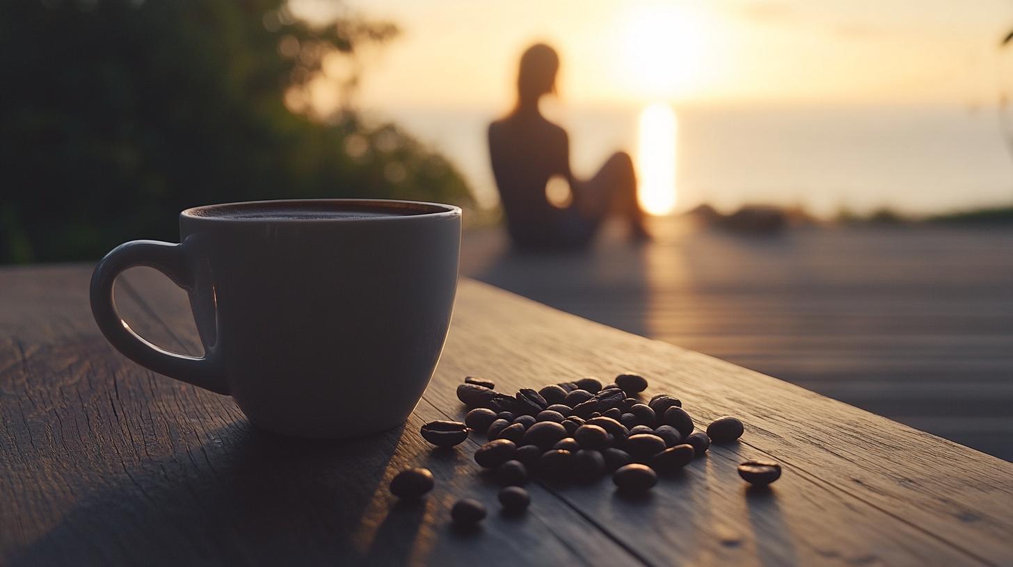 A steaming cup of coffee surrounded by coffee beans