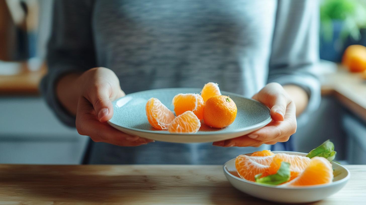 A person holding a single tangerine