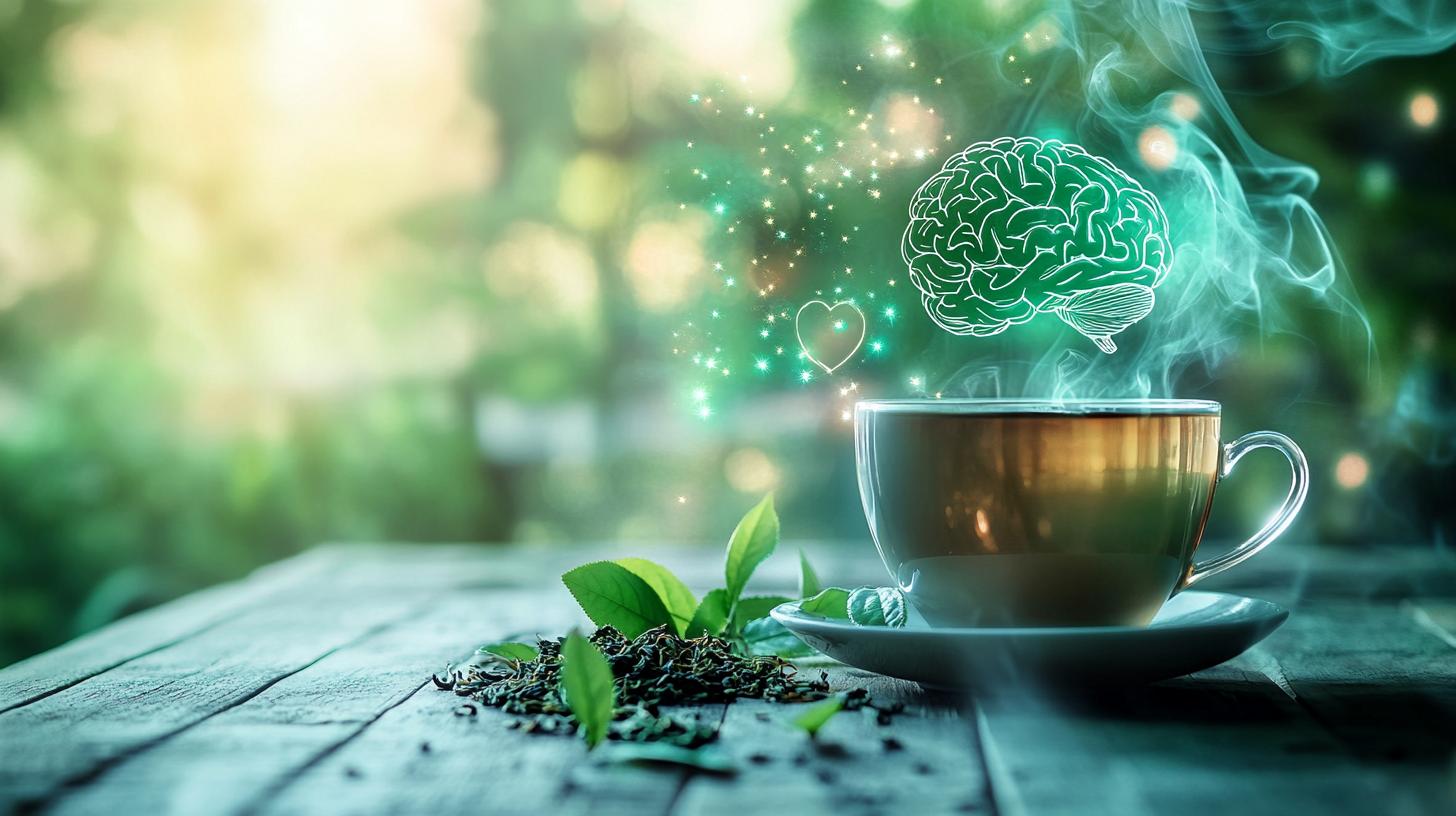 A steaming cup of green tea on a wooden table