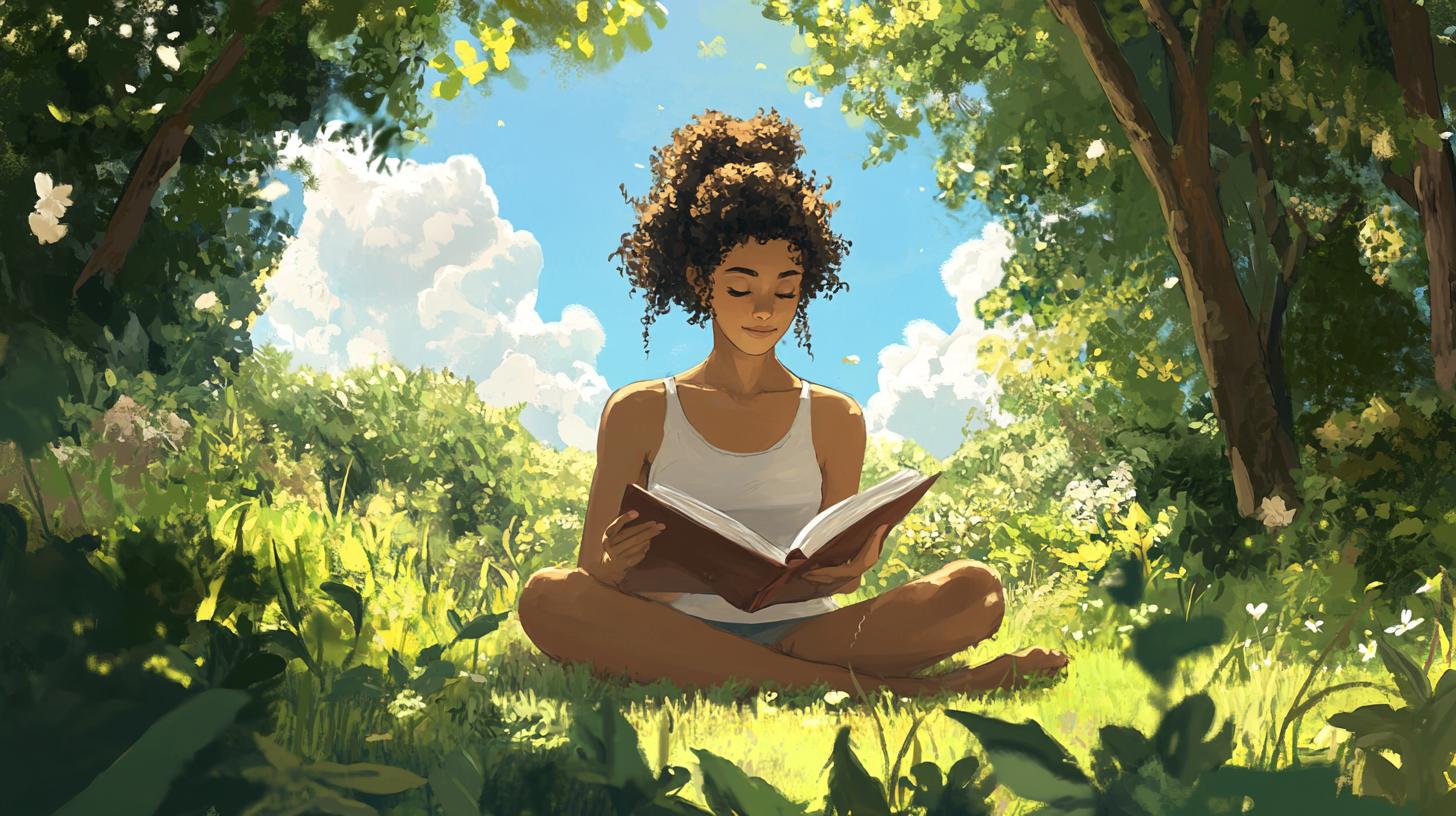 A serene young woman in a peaceful outdoor environment