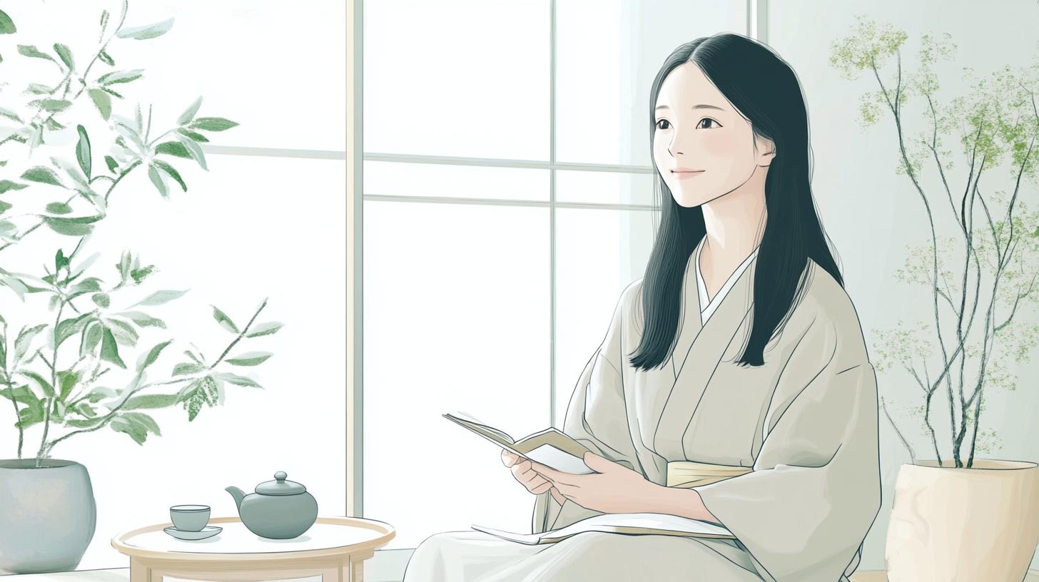 A serene image of a young Japanese woman embracing a minimalist lifestyle