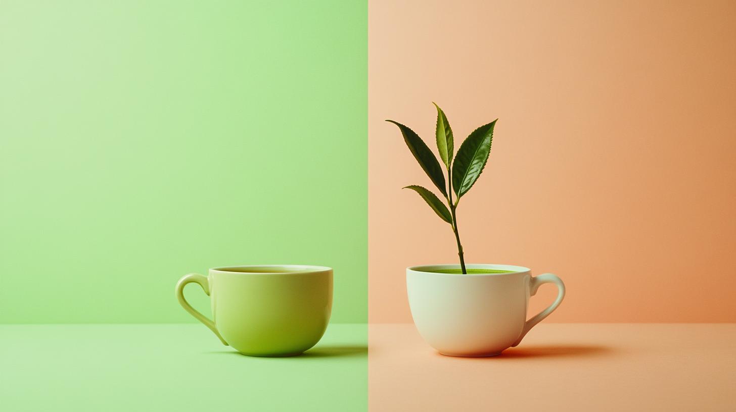 A split-screen image showing a cup of green tea on one side and a bowl of matcha on the other, highlighting their differences.