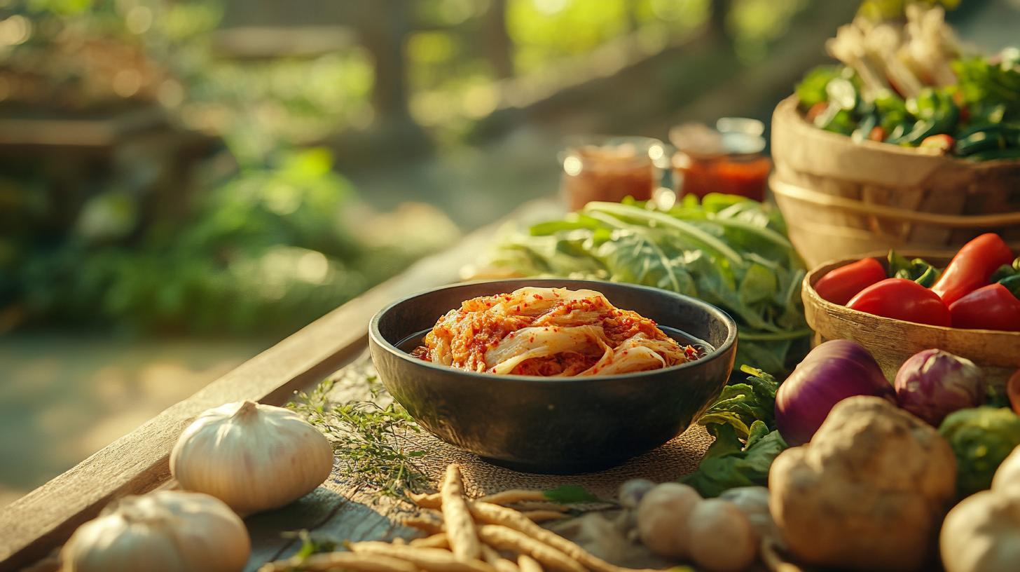 A traditional Korean table setting with a bowl of Kimchi