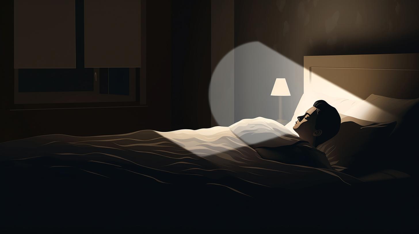 A person lying in bed in a dark room with a calm expression