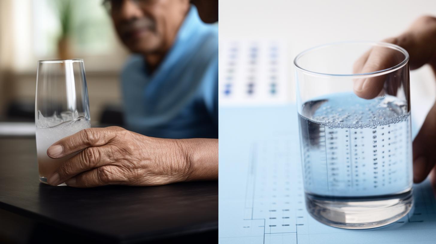 A transparent glass of water with a person in the background
