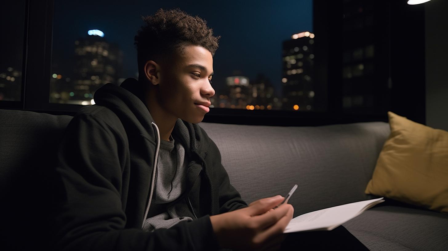 A young person sitting on a couch with a big screen TV