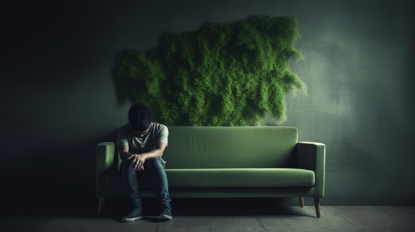 A person sitting on a couch looking contemplative