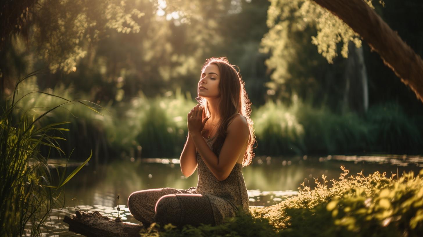 A serene woman sitting in a peaceful outdoor environment