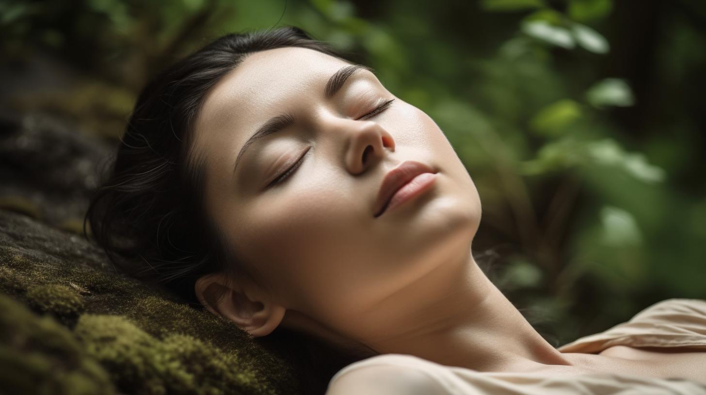 A person lying down with their eyes closed, enjoying a moment of relaxation.