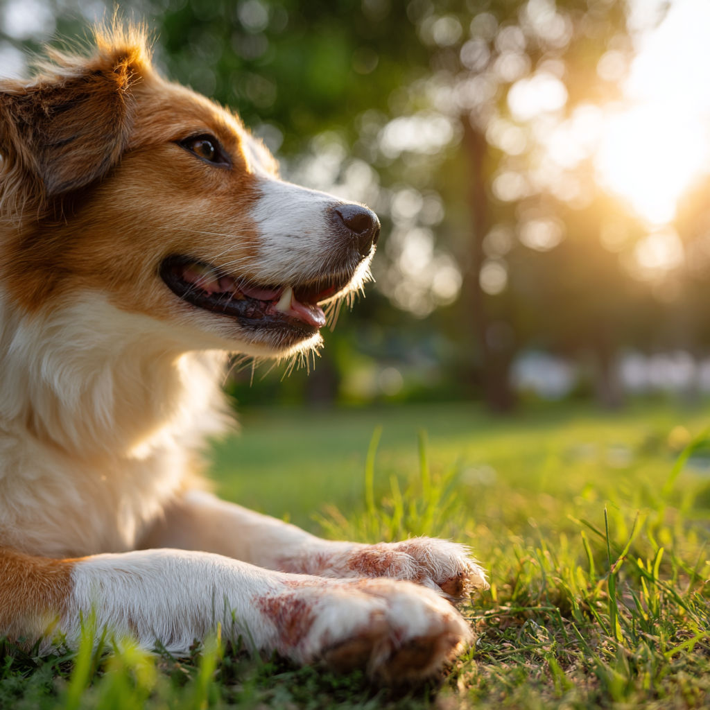 A happy dog sitting with bright, healthy paws demonstrating effective dog paw skin care
