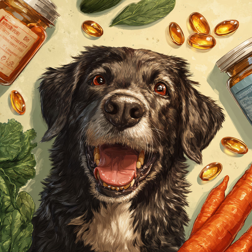 A vibrant illustration of a happy healthy dog with shiny coat demonstrating healthy dog skin and coat