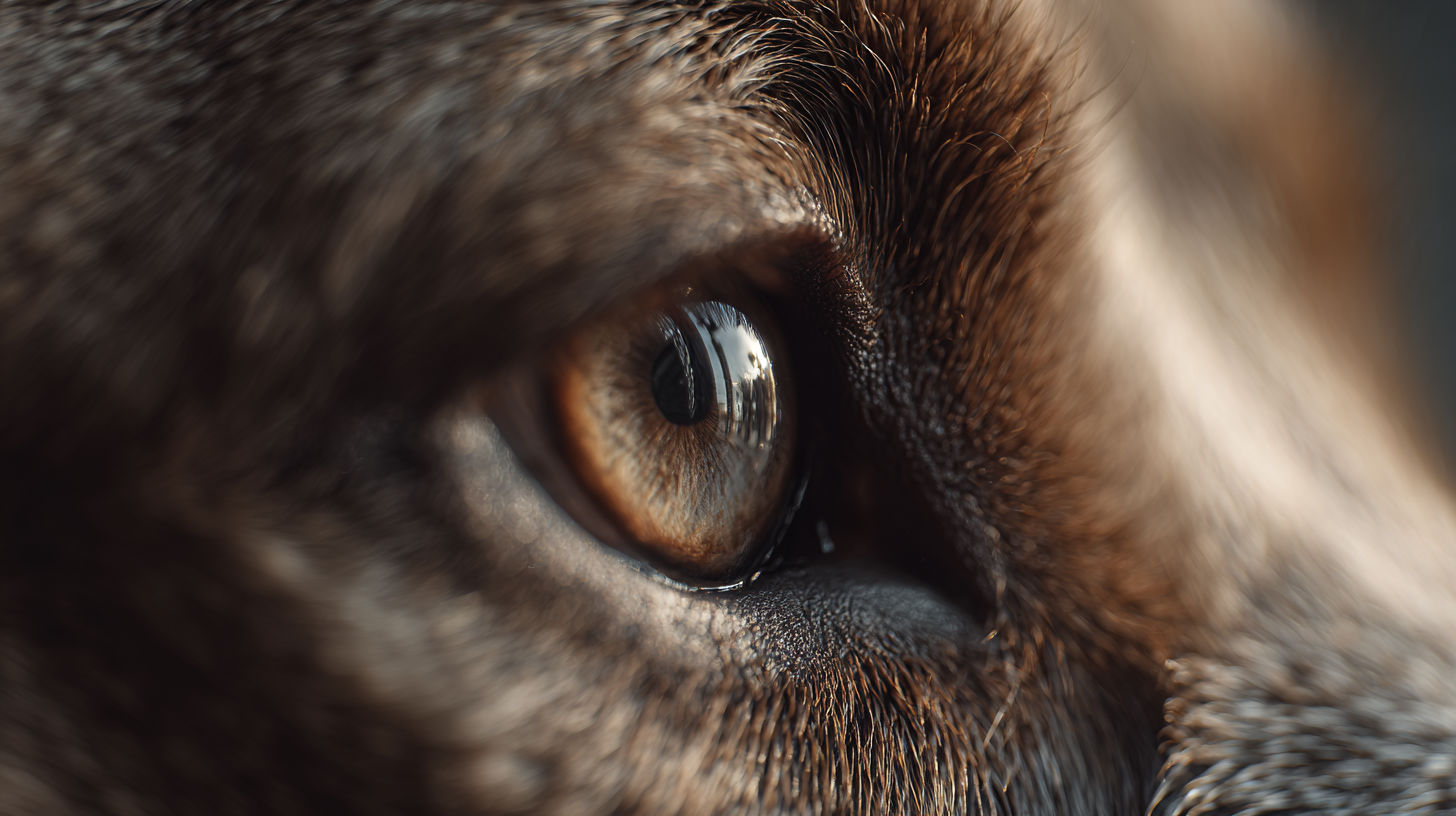 Write an important sentence that fits the content about a detailed view of a dog