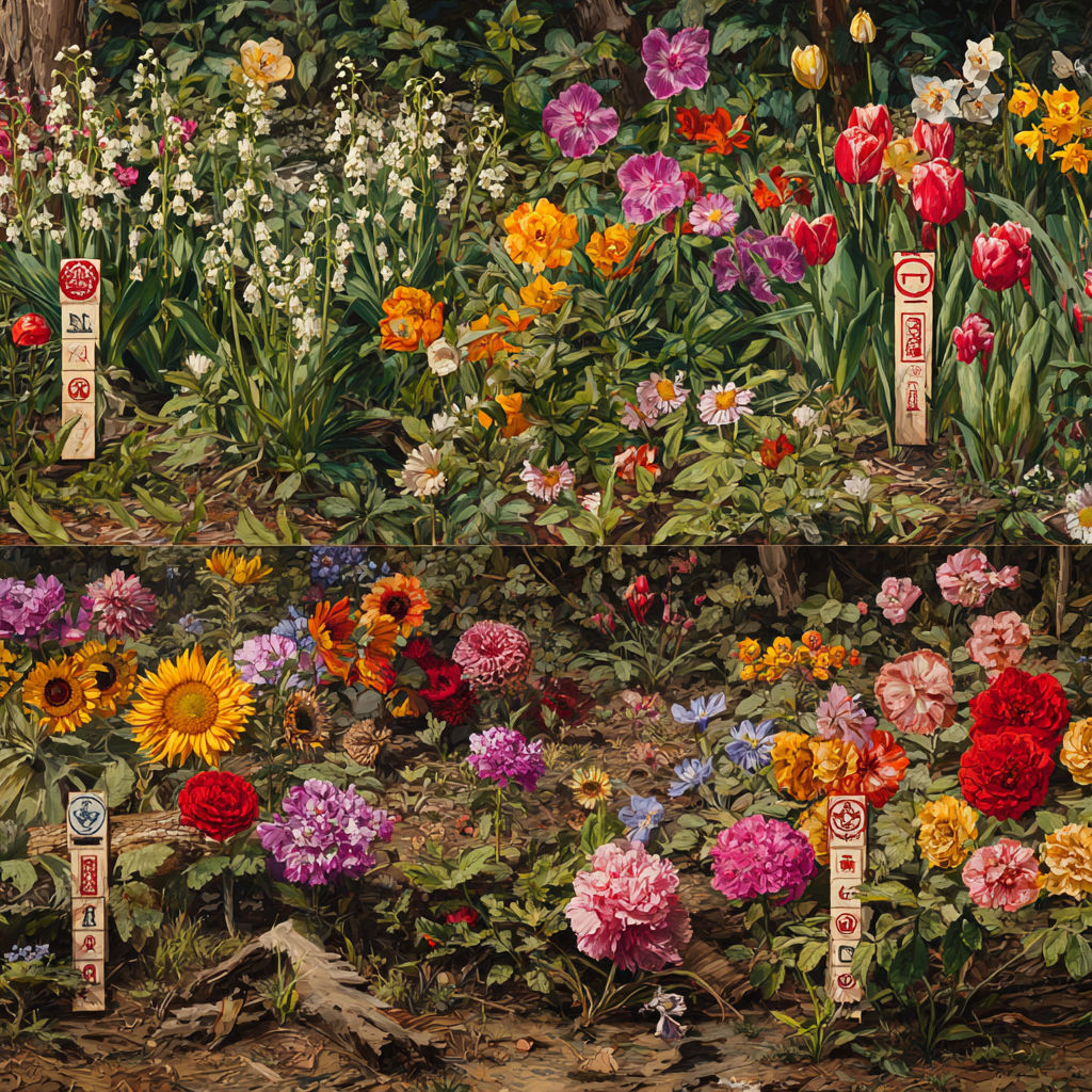 A colorful garden featuring a variety of safe and toxic flowers for dogs