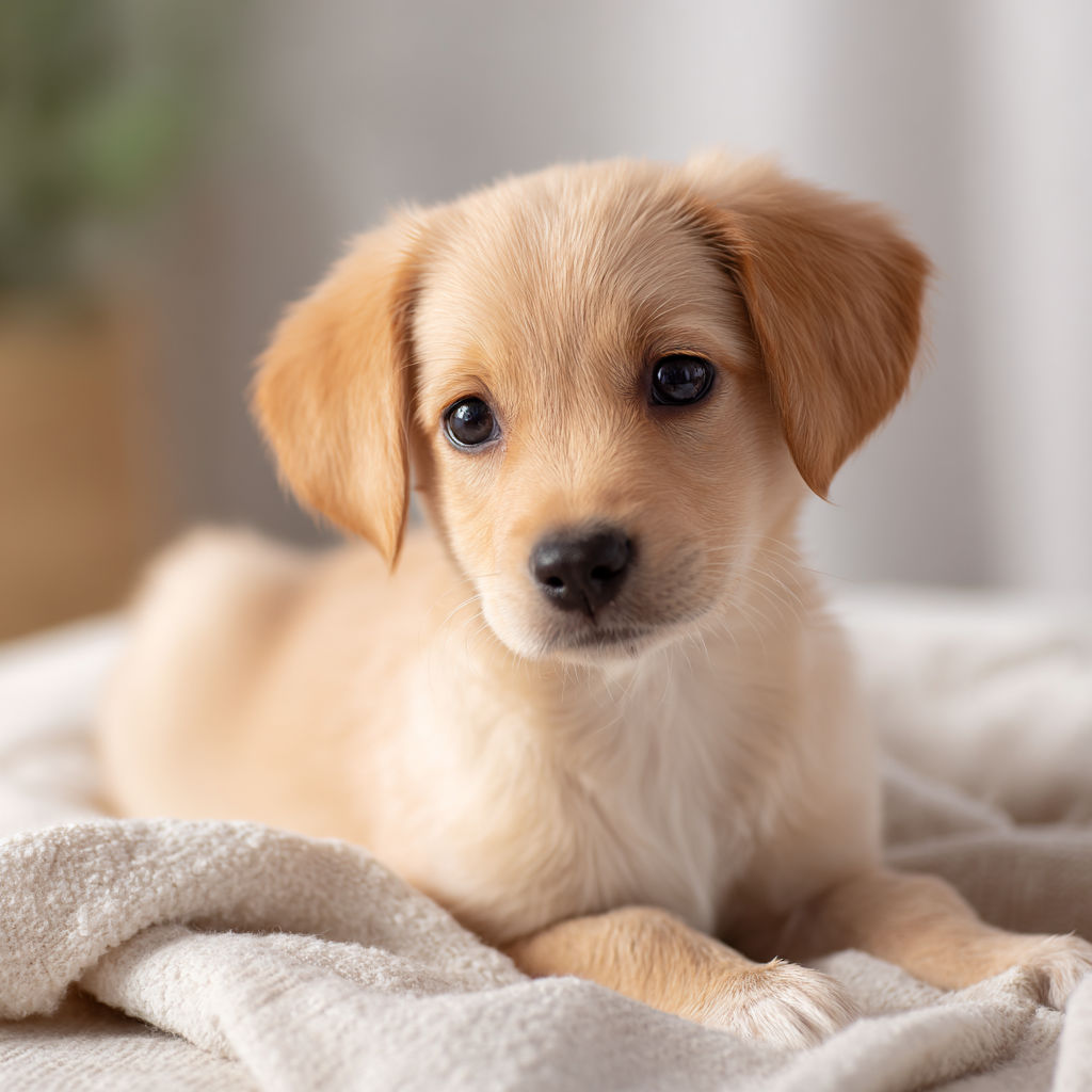 A cute puppy sitting calmly on a sofa, looking curious and healthy