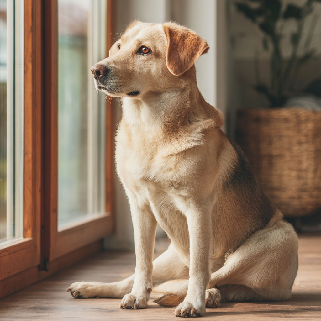 A calm dog sitting peacefully in a cozy home environment to illustrate the importance of a comfortable space for reducing howling