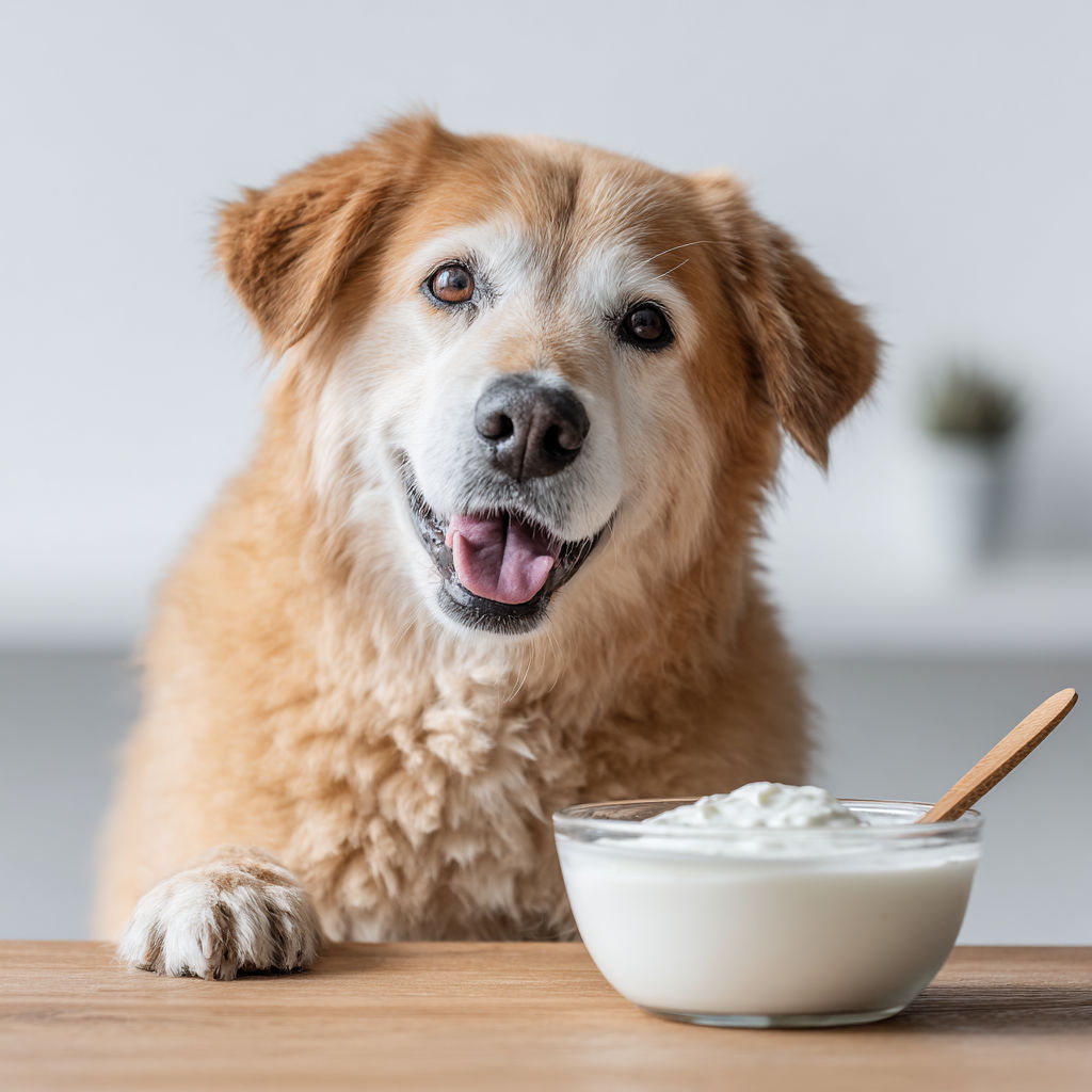 A happy dog sitting calmly next to a bowl of yogurt, illustrating the safe and healthy use of yogurt for dogs.