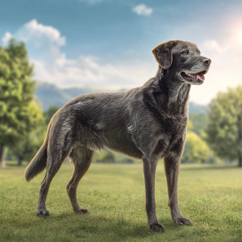 A happy dog standing outdoors demonstrating good joint health and mobility