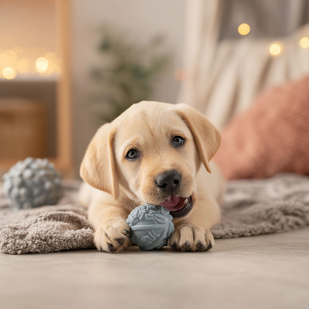 Write an important sentence that fits the content about a happy puppy with a gentle expression showing relief from teething pain