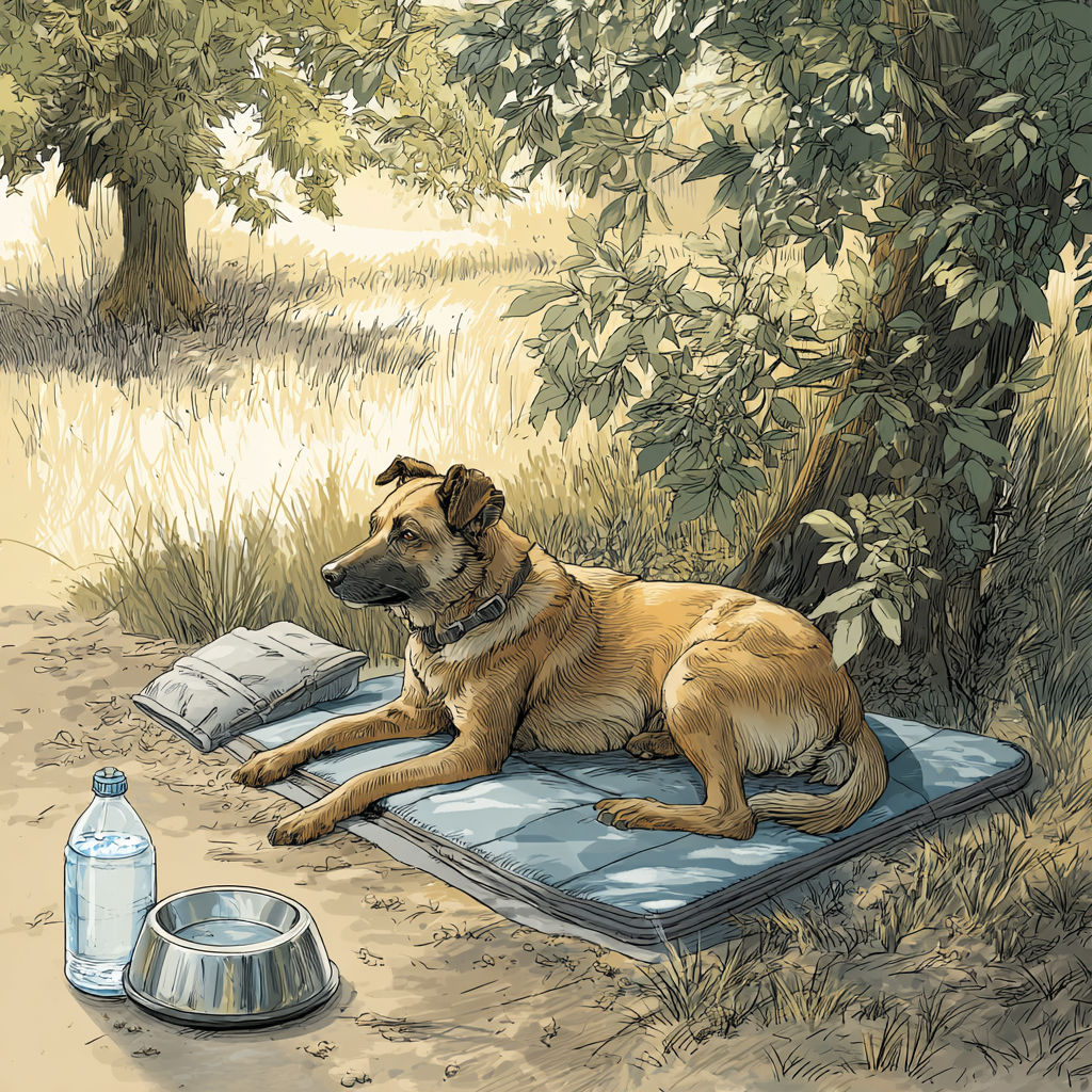 A dog resting comfortably in outdoor shade during hot weather, highlighting the importance of dog summer heat safety