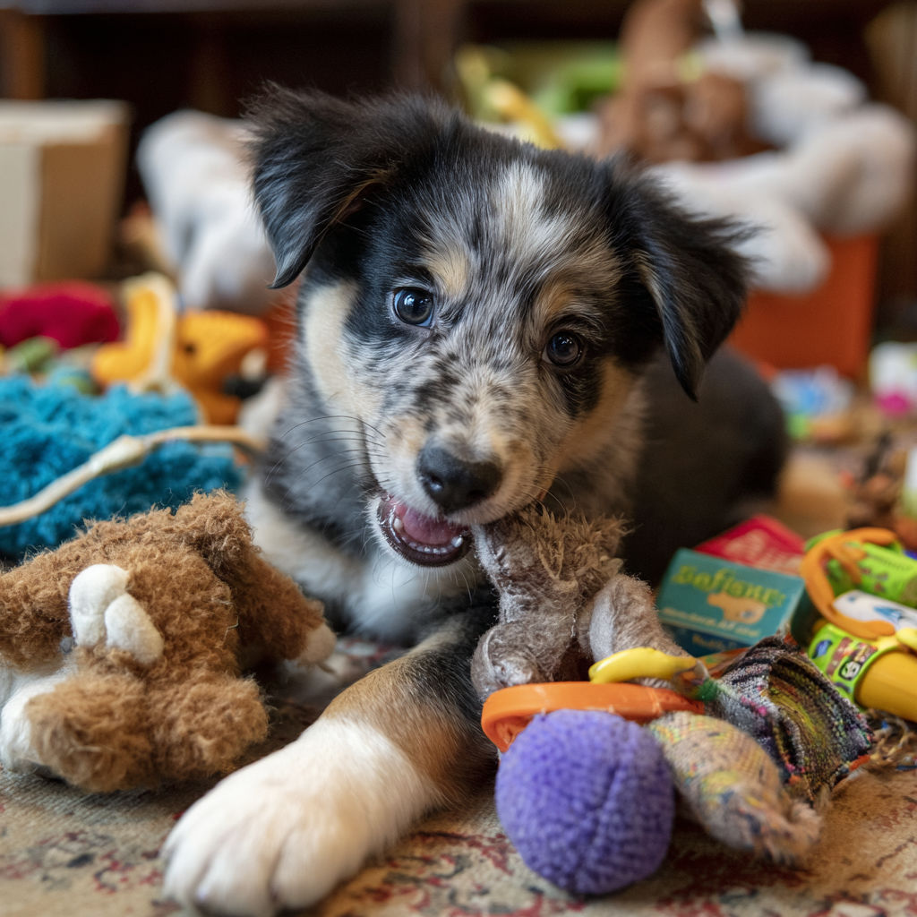 A playful puppy engaging with a variety of chew toys providing relief and focus