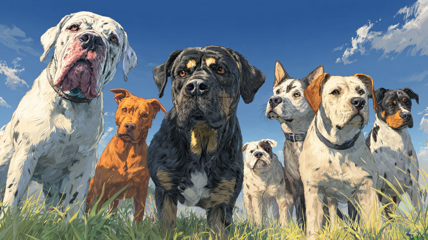 A variety of large breed dogs showcasing different sizes and types