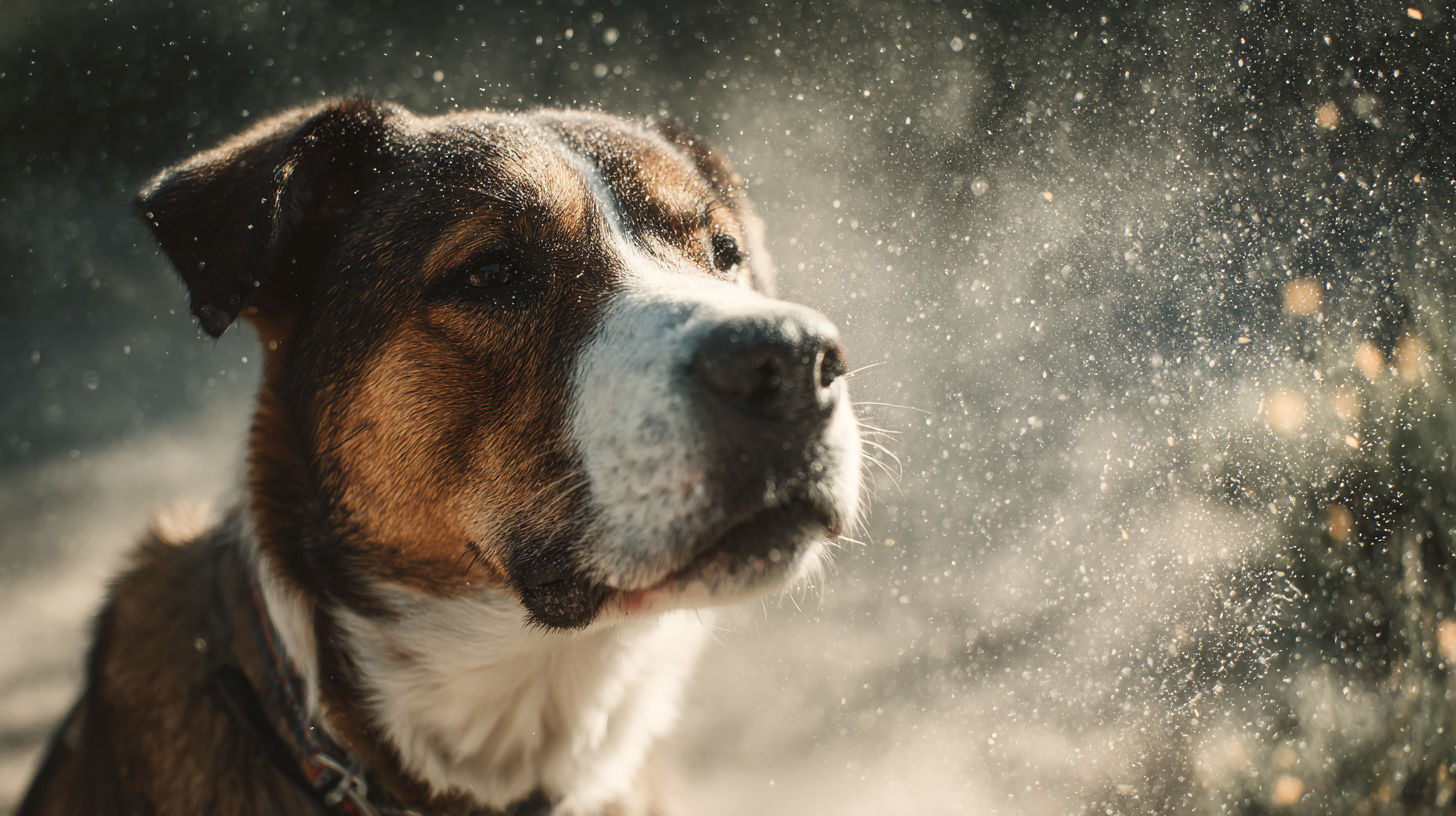 A dog sneezing outdoors, indicating potential allergies or respiratory issues