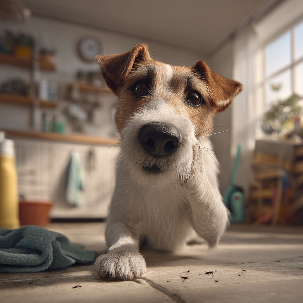 A friendly dog indoors demonstrating symptoms of nasal congestion and sniffling, common in allergic rhinitis