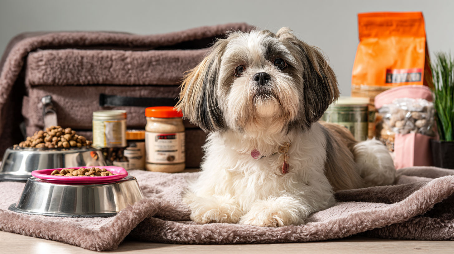 An important sentence that fits the content - A beautifully groomed Shih Tzu puppy sitting peacefully