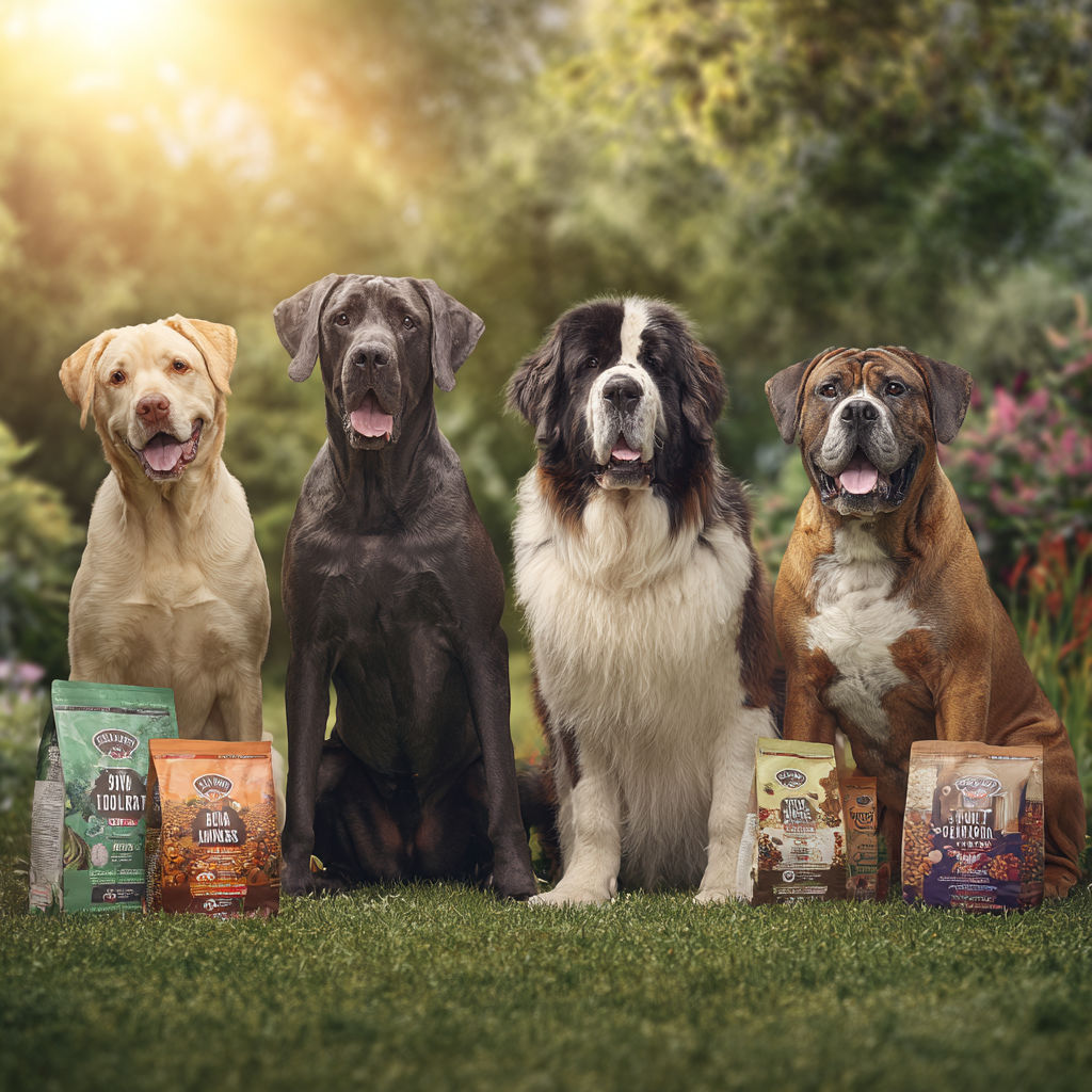 A detailed illustration of various large breed dogs emphasizing their diversity and the importance of proper nutrition for big dogs