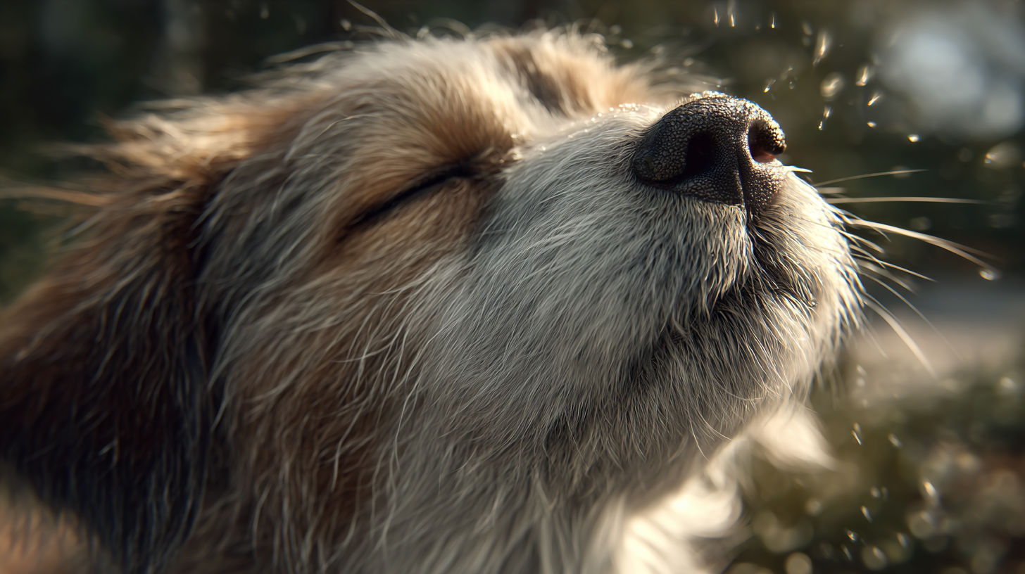 A dog sneezing outdoors, showing typical nasal issues associated with allergies and respiratory disease