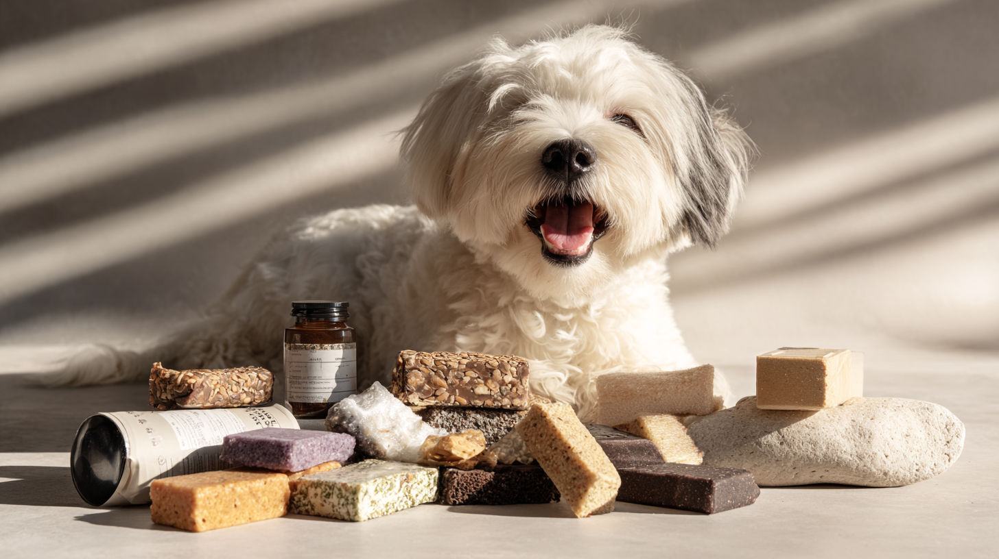 The image of a happy dog surrounded by a variety of healthy treats highlighting allergy relief options